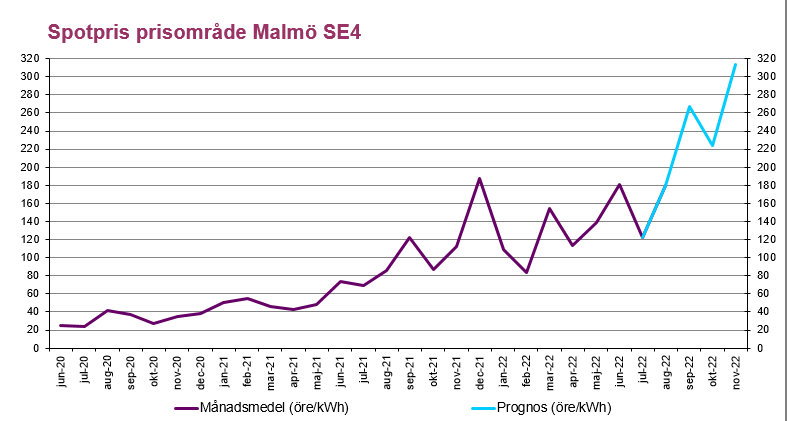 Aktuellt på elmarknaden, bilden visar ett diagram över en prognos av spotpriser för elprisområde SE4, södra Sverige