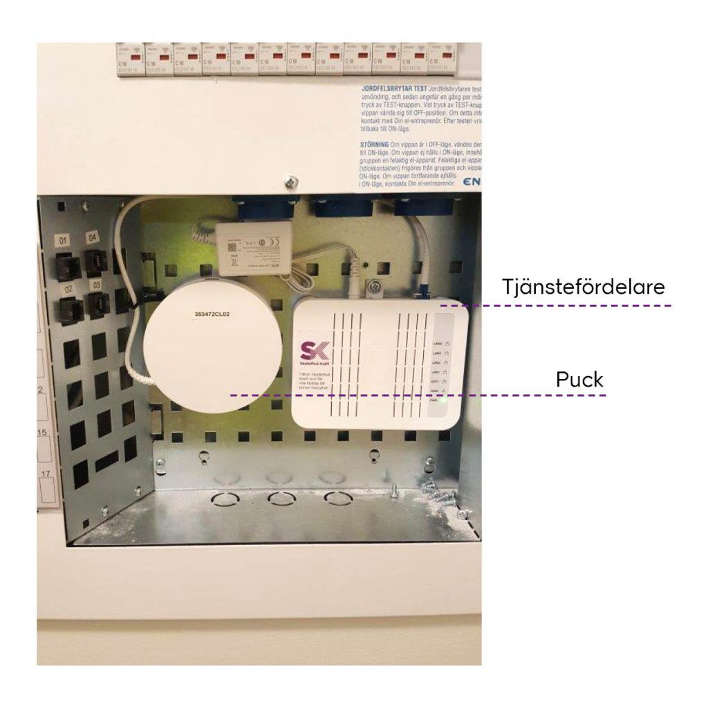 Information: aktivera bredbandsuttag. På bilden syns tjänstefördelaren och en rund vit "puck".