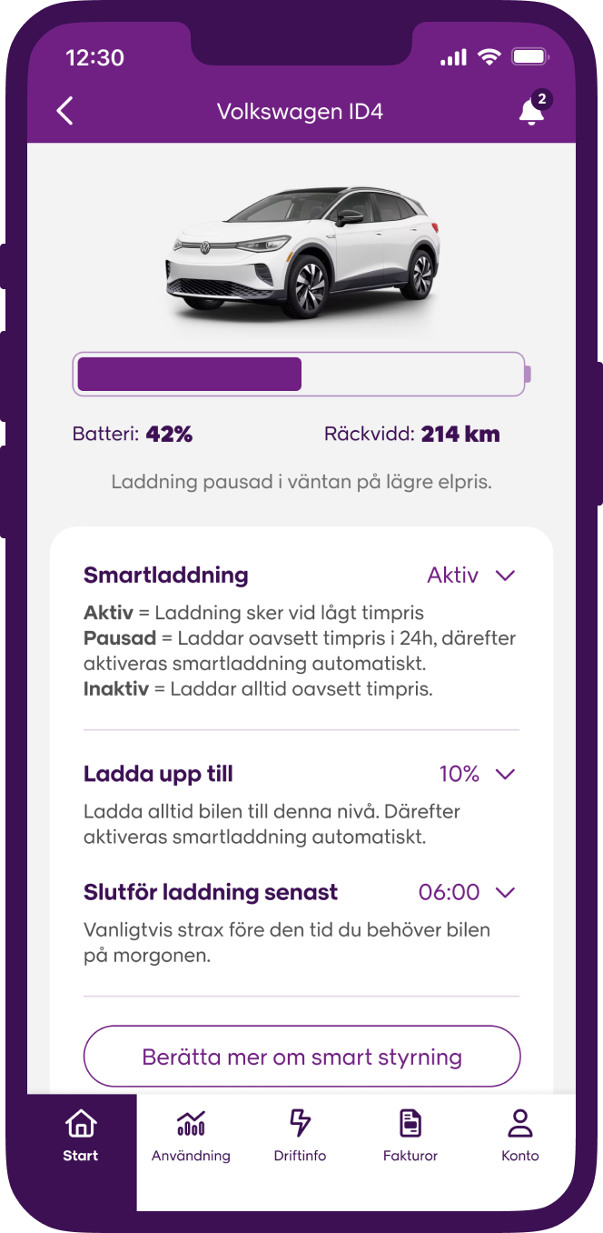 App med smart styrning av elbil och laddbox.