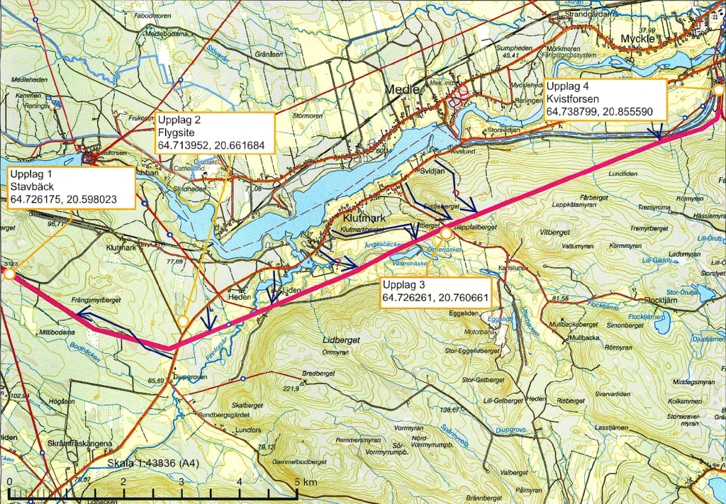 Karta över planerad rutt för helikopterbesiktning v.8 2024
