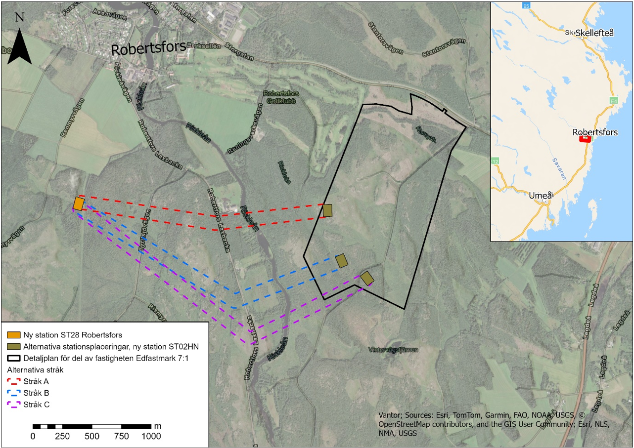 Karta över ledningarna som beräknas dras i Robertsfors